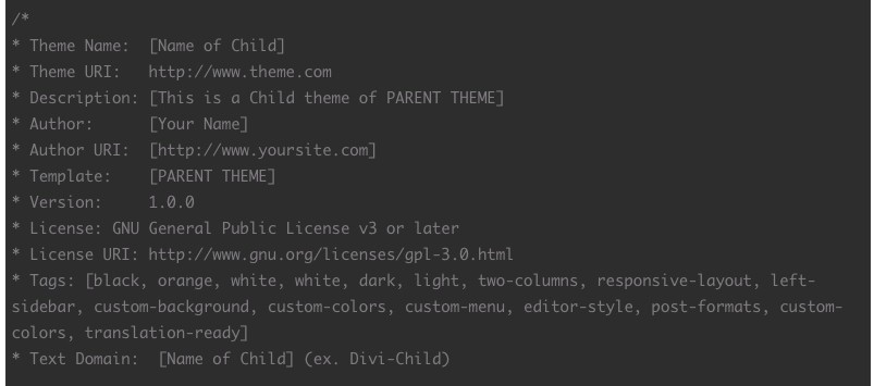 Child Theme Style.css Template